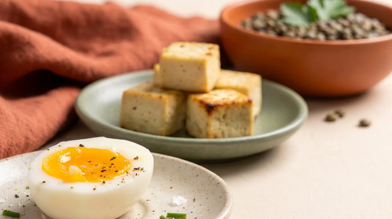 High-protein foods for GLP-1 users: a soft-boiled egg, baked tofu and Puy lentils in small dishes