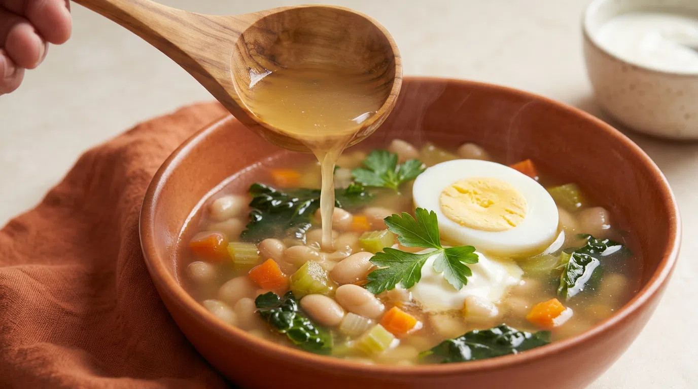 White bean and vegetable soup with a boiled egg, yoghurt and parsley, being ladled into a bowl, a light lunch idea for people on GLP-1 medication